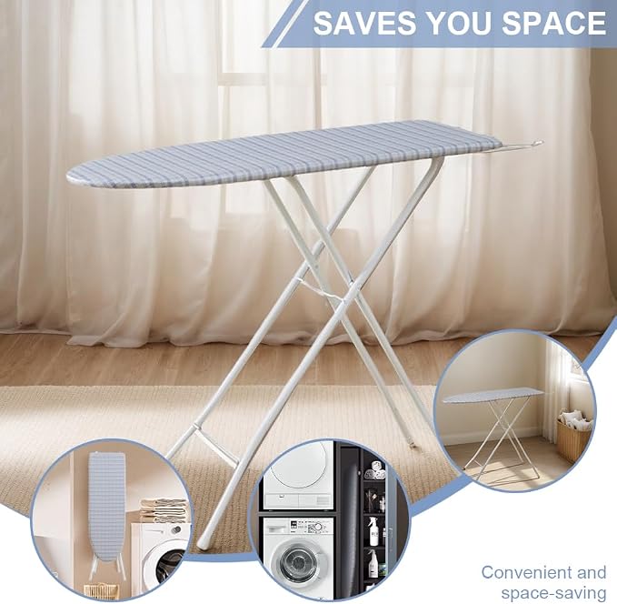 Ironing Board with Iron Rest Iron Board with Heat Cover Adjustable Height | Foldable Ironing Board Sturdy Non Slip Feet Easy to Fold Wide Surface Space Saving Design Adjustable Height