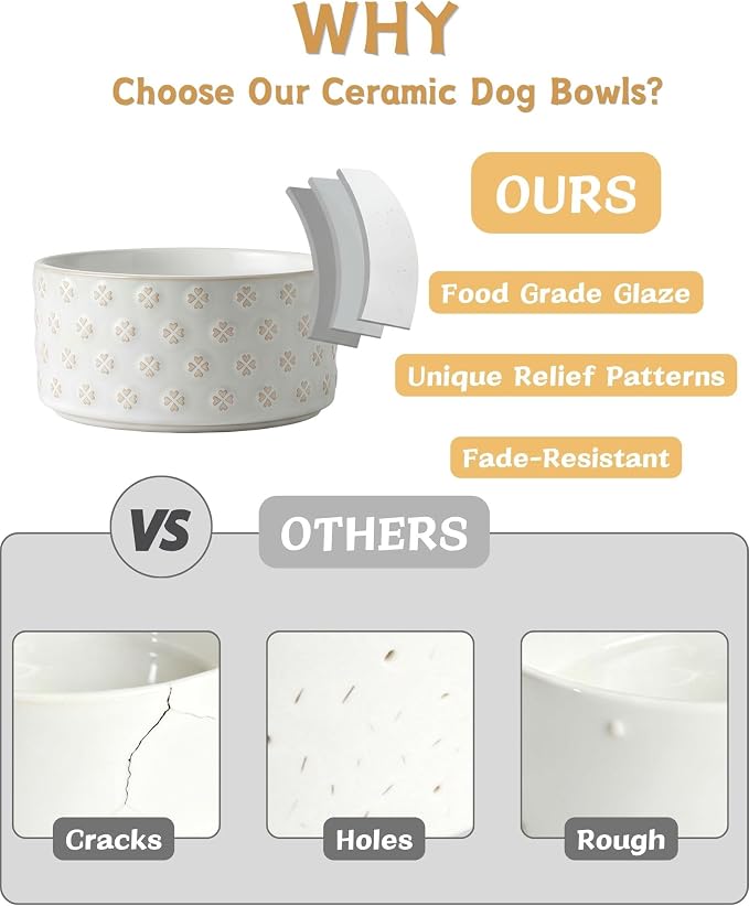 TRUVIC Ceramic Dog Bowl Set of 2 with Wood Stand, Jun Blanc Daisy & Clover Relief Dog Food and Water Bowl Set, 3.5 Cup/28 oz Puppy Food Bowls for Medium Dogs, Dishwasher Safe