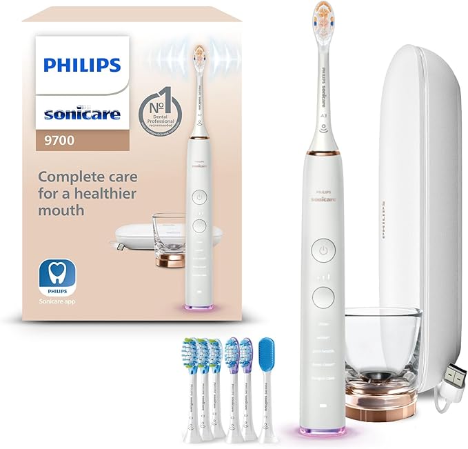 Philips Sonicare DiamondClean Smart 9700 Electric Toothbrush - Sonic Toothbrush with App, Pressure Sensor, 15 Brushing Settings, Replacement Reminder, USB Charging Travel Case, Rose Gold, HX9957/81