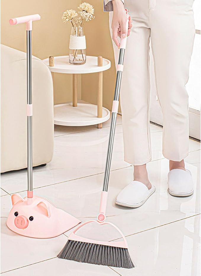 Cute Pig Broom and Dustpan Set, Self-Cleaning with Dustpan Teeth, Indoor&Outdoor Sweeping, Ideal for Dog Cat Pets Home Use, Stand Up Broom and Dustpan