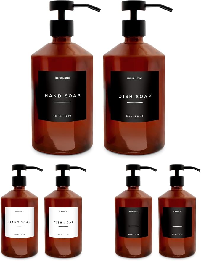 Luxury Glass Soap Dispenser Set of 2 - Elegant Amber Bottles with Matte Black Pumps, Ideal for Kitchen and Bathrooms, Perfect Glass Pump for Modern Homes.