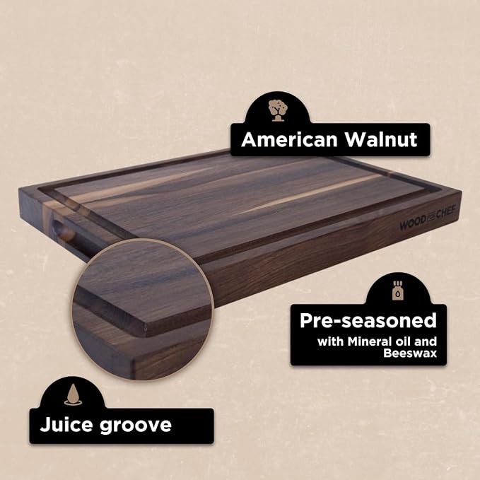 Medium Wood Cutting Board from American Walnut - A Butcher Block That Comes with Juice Groove for Cutting Meat and Juicy Veggies Easily - Walnut Chopping Board - 16x12x1.5 inches