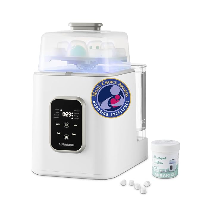 Baby Bottle Washer, Sterilizer & Dryer - All-in-One Pro Cleaning Machine with Fishbone Spray Arm, Self-Cleaning & AUTO Mode, Dual Water Inlet for Bottles, Breast Pump