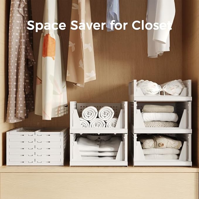 Pinkpum 5 Pack Stackable Plastic Storage Closet Organizers and Storage Bins Drawer Shelf Storage Container for Wardrobe Cupboard Kitchen Bathroom Office White