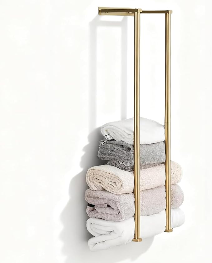 Towel Racks for Bathroom, NEWRAIN Stainless Steel Rolled Towel Storage Wall Mounted Bath Towel Holder for Folded Large Towel Washcloths, Bathroom Organizing Brushed Gold