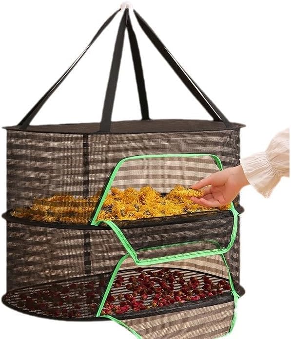 Foldable Drying Net for Vegetables, Fish, and Dehydrated Goods, Multi-Tiered Food Drying Net, Versatile Drying Rack, Windproof Design, Zipper Closure for Insect Protection Dual Layer Black