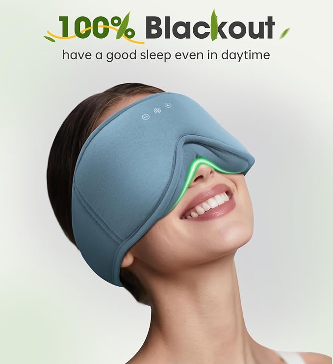 Bamboo Cotton Sleep Mask for Women - Bluetooth Sleep Headphones for Side Sleeper Blackout Eye Mask for Sleeping 3D Contoured Sleep Eye Cover Headband Ear Plugs Low Noise Hook (Blue)