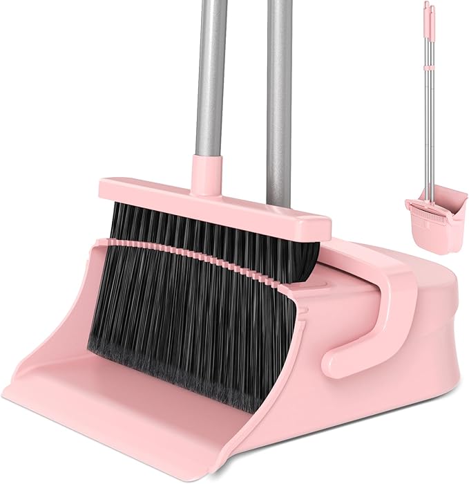 Broom with Dustpan Combo Set, Long Handle Upright Standing Self-Cleaning Broom and Dustpan Set for Pet Hair & Dust Cleanup, Indoor Outdoor Use for Home, Kitchen, Office, Pink