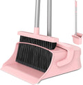 Broom with Dustpan Combo Set, Long Handle Upright Standing Self-Cleaning Broom and Dustpan Set for Pet Hair & Dust Cleanup, Indoor Outdoor Use for Home, Kitchen, Office, Pink