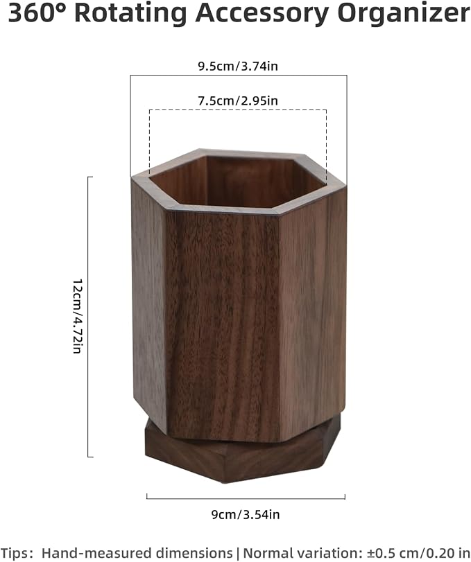 Black Walnut Hexagonal Makeup Brush Holder Makeup Organizer for Vanity 360 Rotating Organizer for Cosmetic Brush & Pen Organizer, Pens Holder, Stationery & Kitchen Utensils Solid Wood