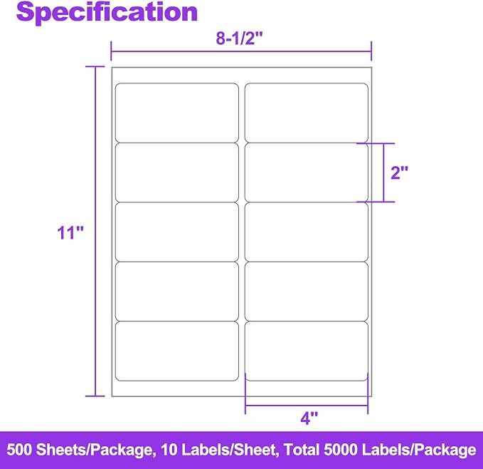 5000 Labels (500 Sheets) - 2" x 4" Shipping Address Labels - 10-Up Mailing Stickers for Laser/Inkjet Printers - 8.5" x 11" White Printer Labels - Multipurpose Address Papers