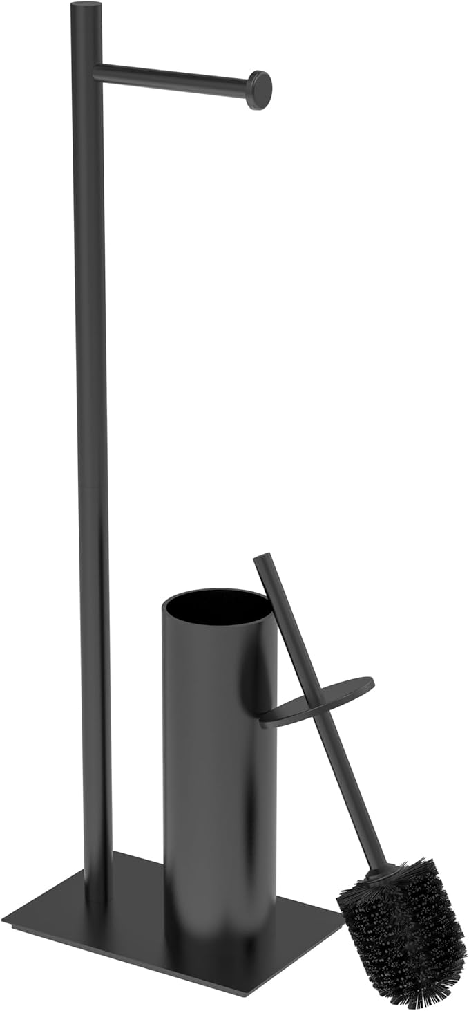 RUACQ Toilet Paper Holder Stand with Toilet Brush and Holder Set, 304 Stainless Steel Bathroom Toilet Tissue Paper Roll Holder Free Standing, Weighted Base, Heavy Duty (Matte Black)