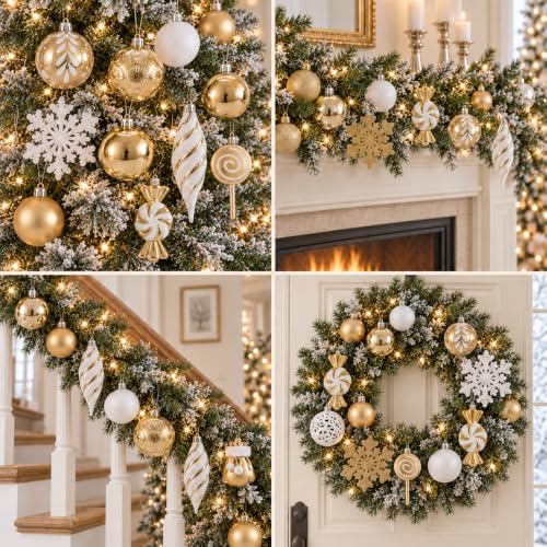 130 Pcs Gold & White Christmas Ball Ornaments, Shatterproof