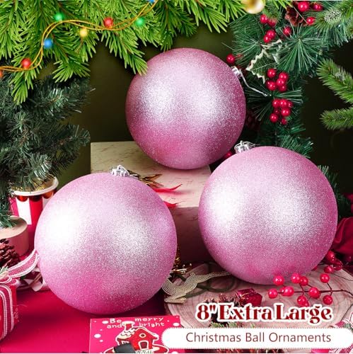 Zubebe 6 Pcs 8" Jumbo Christmas Ball Ornaments Lawn,Pink Glitter