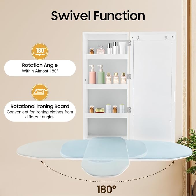 Wall Mounted Ironing Board with Storage Cabinet, Built-in 180° Swivel Foldable Ironing Board and Mirror Door, White Ironing Station Organizer for Home, Apartment, Laundry Room, Small Spaces