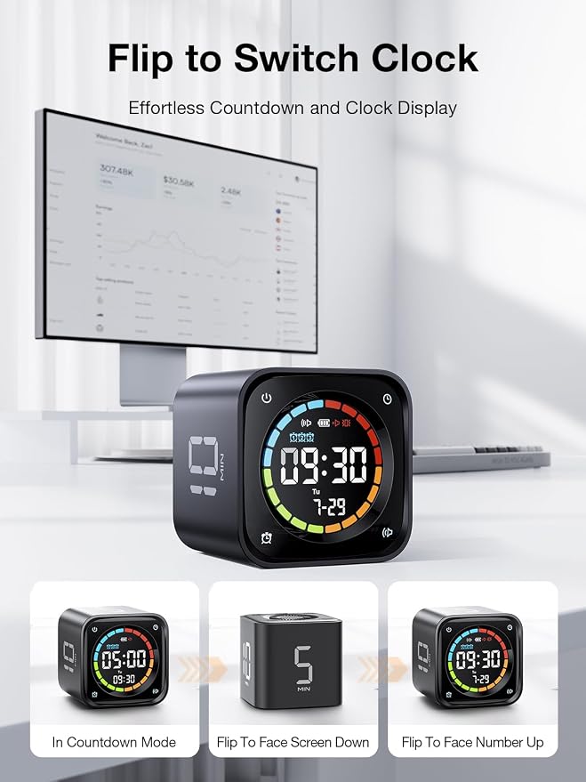 TK3 Pomodoro Timer Cube, Desk Productivity Timer with 5/10/30/60 Min Presets, Custom Countdown, Stopwatch, Clock, 3 Alarm, Silent, Vibrate & Sound Mode, for Task, ADHD, Study, Kitchen,Obsidian Black