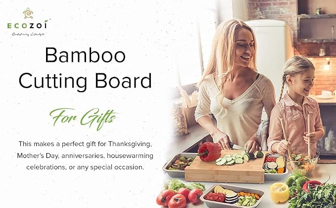 Bamboo Cutting Board by Ecozoi with 2 Slide Out Drawers. Keep Meal Prep Organized With Organic Bamboo Wooden Chopping Station. Non-Slip Butcher Block with Juice Groove for Easy Cleaning