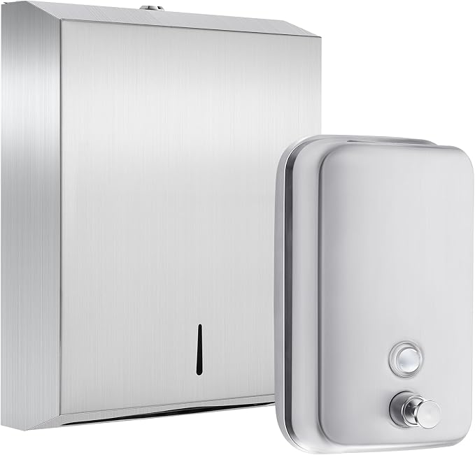 2 Pcs Commercial Soap Dispenser and Paper Towel Dispenser Set with Lock-Stainless Steel,Wall Mount,Large Capacity Manual Liquid Pump Rust Proof Leak Free for Home Bathroom (1000 ml,Style 1)