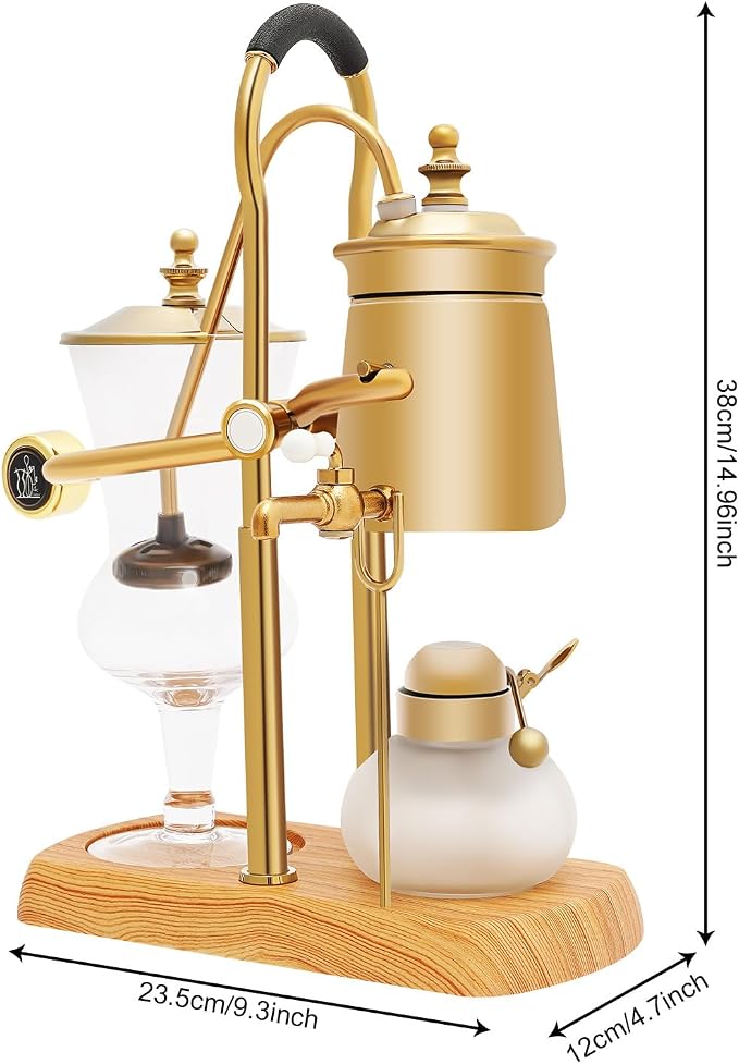 Gold Siphon Coffee Maker, 400ml Vintage Vacuum Coffee Brewer with Wooden Base, Electric Glass Balance Siphon Pot for Home, Kitchen, Coffee Shop - Manual Brewing Equipment with Measuring Cup & Spoon