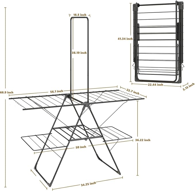 Bigzzia Clothes Drying Rack Foldable, 3-Level Large Laundry Drying Rack Collapsible, Stainless Steel Drying Rack Clothing for Indoor Outdoor, Easy to Fold, Drying Rails 68.9" H, Gray