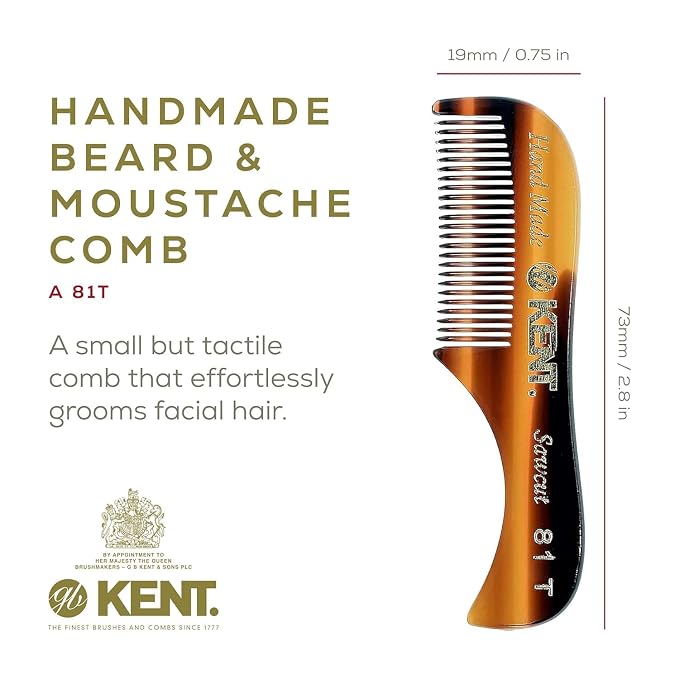 Kent Beard & Mustache Set - BRD5 Horse Hair + Nylon Bristle Brush, 81T + FOT Handmade Sawcut Combs, Pistol-Grip Wood Handle, Dry/Wet Use, Distributes Oils & Balms - Full Grooming Kit for Men