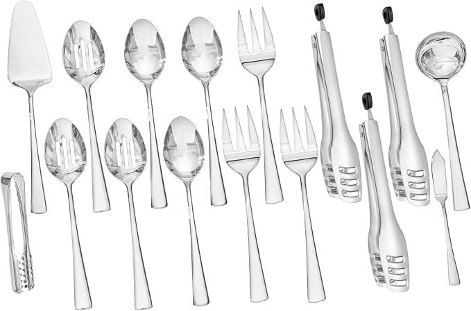 16 Piece 18/10 Serving Utensils Set, Stainless Steel Serving Set | Serving Utensils, Slotted Spoon, Fork, Tong, Soup Ladle, Cake Server, Butter Knife and Ice Tong for Buffet, Parties, Kitchen