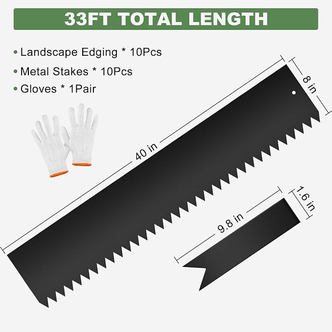 33FT Galvanized Steel Landscape Edging, 10 Pack 40" x 8" Metal Edging for Landscaping with 10 Stakes & Gloves, Metal Garden Edging Border for Yard, Tree Rings, Pathway, Divider