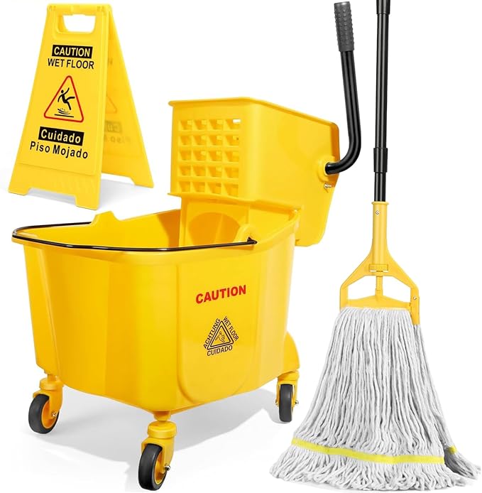 38 Qt Commercial Bucket with Side Press Wringer on Wheels, Yellow Industrial Set for Floor Cleaning, Including 1 Industrial Mop and Wet Floor Caution Sign, Beyoco