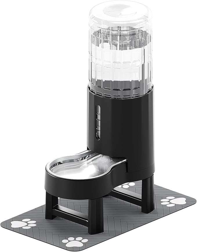 CZPET Elevated Dog Water Bowl Dispenser with Mat (9.5L+Stand+Mat,Black) | With Stainless Steel Bowl Gravity Waterer, Large Capacity and Drinking Area Noise-Free for Pets