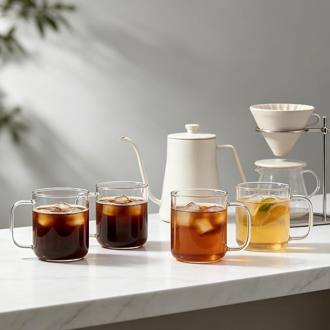 Glass Coffee Mugs, 14 oz Ice Coffee Cups Set of 4, Large Clear Tea Cups, Glass Mugs with Handles for Hot Beverages, Glass Cups for Latte, Cappuccino, and Tea