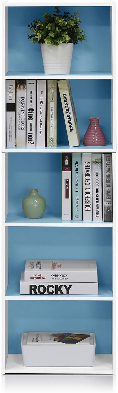 Furinno LUDER Book Shelf, 5-Tier Bookshelf, Bookcase with Open Shelves, 9.4 x 15.8 x 52, Easy Assembly, for Living Room, Bedroom, Home Office, White/Light Blue