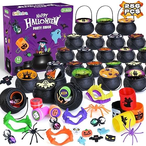 Shemira 256 PCS Halloween Party Favors Bulk for Kids, 32 Pack Prefilled Witch Cauldrons with Halloween Toys, Halloween Goodie Bag Fillers, Halloween Party Supplies, Halloween Miniatures Novelty Toys