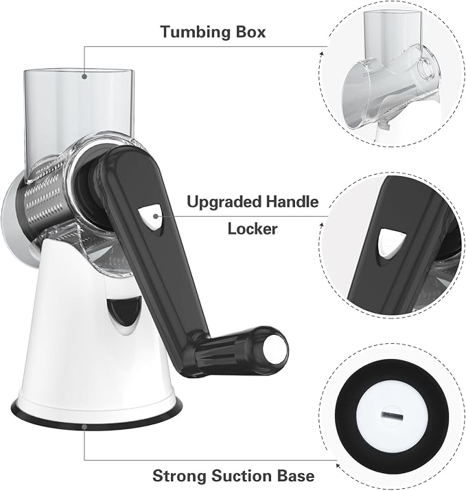 Cambom Rotary Cheese Grater Hand Crank Cheese Shredder for Fresh Cheese, Vegetable, Nuts,Non-slip Suction Base, Three Blades, Black White