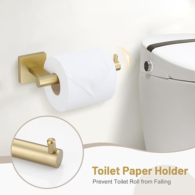 Towel Ring Set 4 Piece Bathroom Hardware Set Includes Towel Ring 2 Towel Hooks and Toilet Paper Holder Stainless Steel Wall Mounted (Brushed Gold)