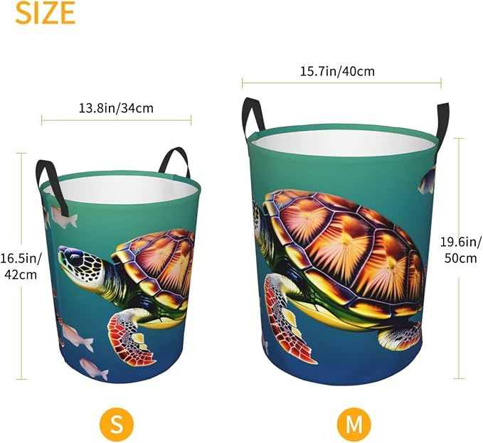 Sea Turtle With Fishes Large Foldable Laundry Basket Hamper,Storage Basket Bin With Handles,For Bathroom,College
