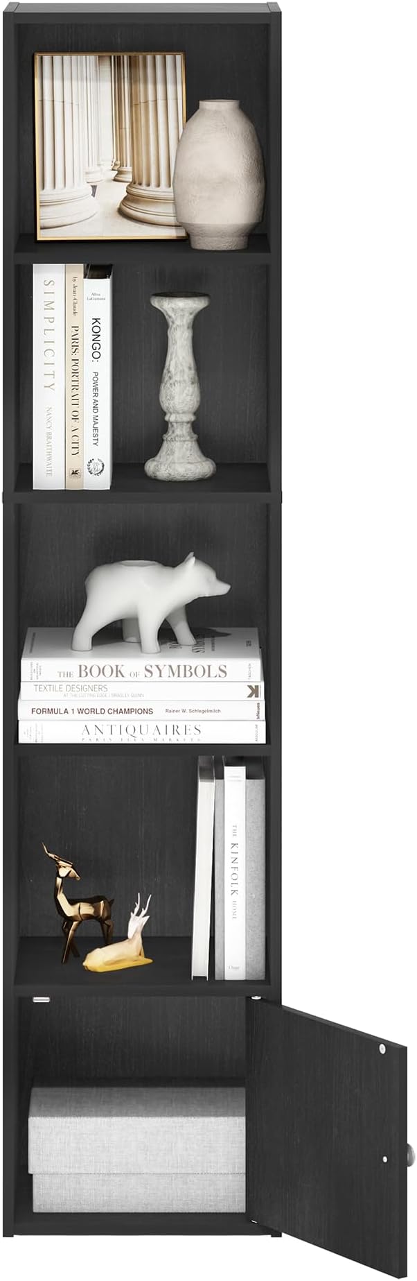 Furinno LUDER Book Shelf, 5-Tier Modern Bookshelf, Bookcase with 1 Door Storage Cabinet, 9.3 x 12 x 52, for Organization and Storage, for Living Room, Bedroom, Home Office, Blackwood