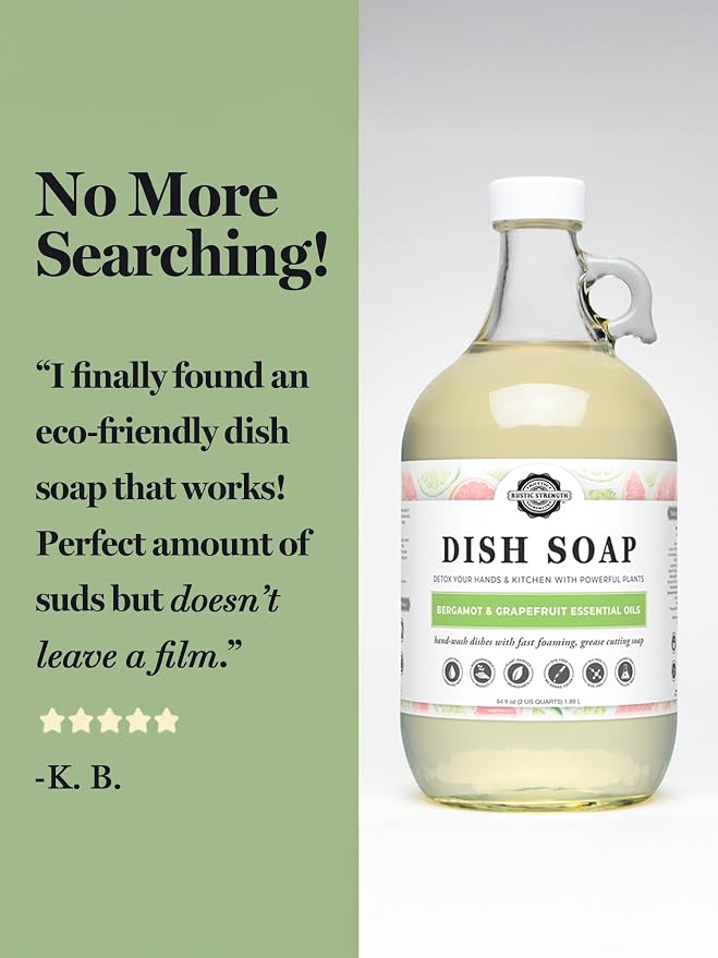 Rustic Strength Natural Dish Soap, Unscented, 64 oz Plastic | Plant-Based Concentrated Formula, Sensitive Skin, Biodegradable, Dye, Sulfate, Paraben,and Phthatlate Free, Septic Safe