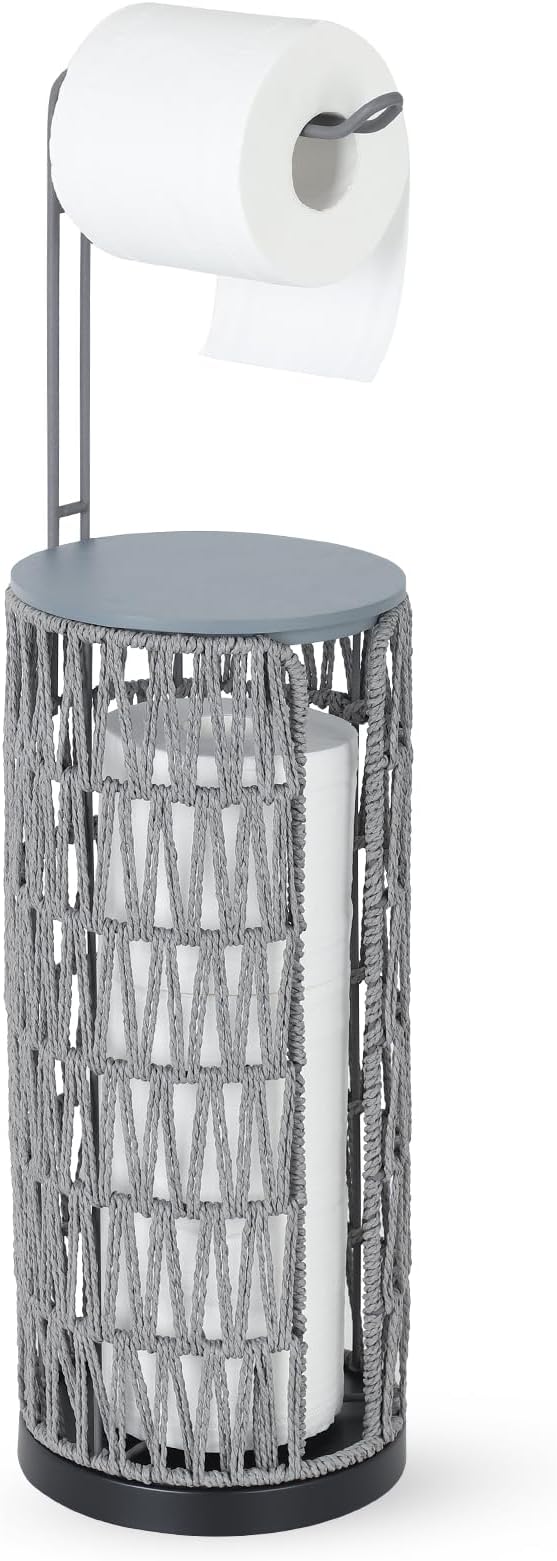 Trongee Boho Toilet Paper Holder with Storage，3 Rolls of Freestanding Toilet Paper Roll Holder Stand,Wicker Tissue Holder for Bathroom,Rattan Sturdy Bathroom Decor Farmhouse Toilet Paper Storage-Grey