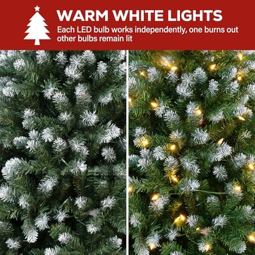 Hykolity 7.5 ft Flocked Christmas Tree, 350 Warm White LED Lights, Artificial Christmas Tree with 1446 PVC Branch Tips, Metal Hinges & Base