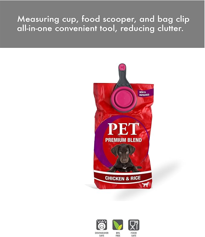 Dexas Popware for Pets Collapsible Klip Scoop, 3-in-1 Pet Food Scoop, Measuring Cup and Bag Clip, 1/2 Cup Capacity, Pink
