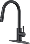FORIOUS Black Kitchen Faucet with Pull Down Sprayer, High Arc Modern Classic Sink Faucet Stainless Steel with Deck Plate Fit for 1 or 3 Hole for Pot Filler Bar Farmhouse Laundry Rv