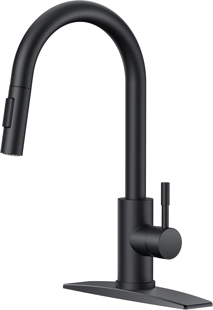 FORIOUS Black Kitchen Faucet with Pull Down Sprayer, High Arc Modern Classic Sink Faucet Stainless Steel with Deck Plate Fit for 1 or 3 Hole for Pot Filler Bar Farmhouse Laundry Rv