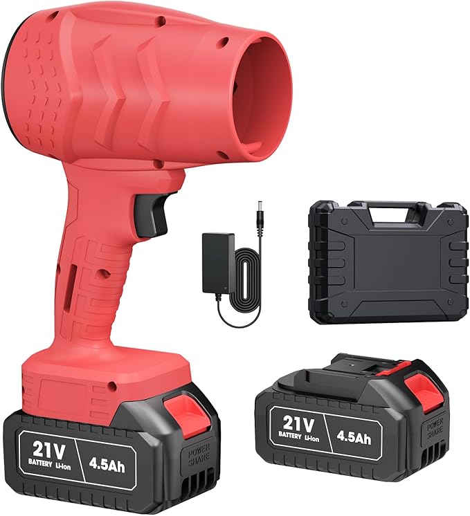 Electric Mini Leaf Blower, Powered Handheld Blower Leaf, Adjustable Wind Speed Cordless 21V Battery Blower with 2 Rechargeable Batteries and Charger, Toolbox, for Yard Leaf & Snow Removal(Red)