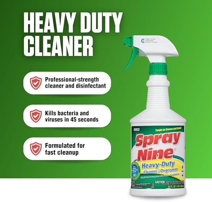 Spray Nine 26832 Heavy Duty Cleaner, Degreaser & Disinfectant for Kitchens, Bathrooms, Yard Equipment, Automotive & Industrial 32 Fl Oz. (Pack of 1)