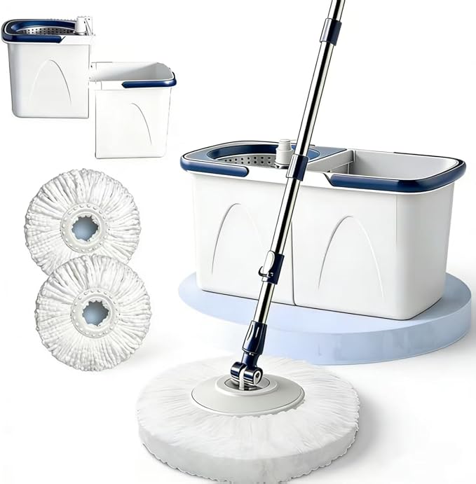 Spin Mop Bucket Kit with Integrated Wringer System | 3 Pack Microfiber Spin Mop Refills, Spin Mop Bucket System for All Floor Types Cleaning