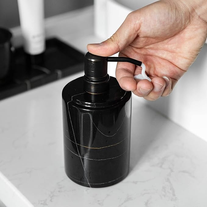 JIMEI Black Marble Soap Dispenser Hand or Dish for Bathroom & Kitchen | Decorative Natural Stone Liquid Soap/Lotion Dispenser - Stainless Steel Soap Dispenser Easy-Glide Pump - Refillable
