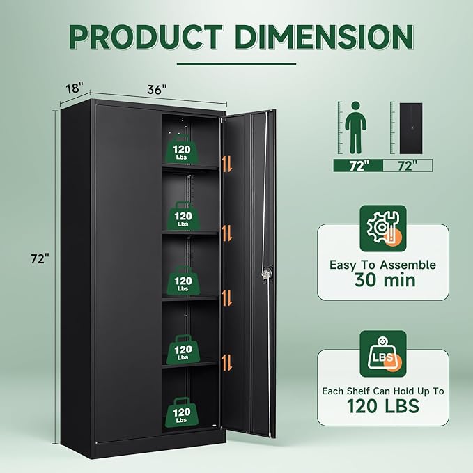 Metal Garage Storage Cabinets with Lock Door and Adjustable Shelves, Steel Tool Cabinets for Home,Office,Warehouse Organisieren (Black, 72" H)