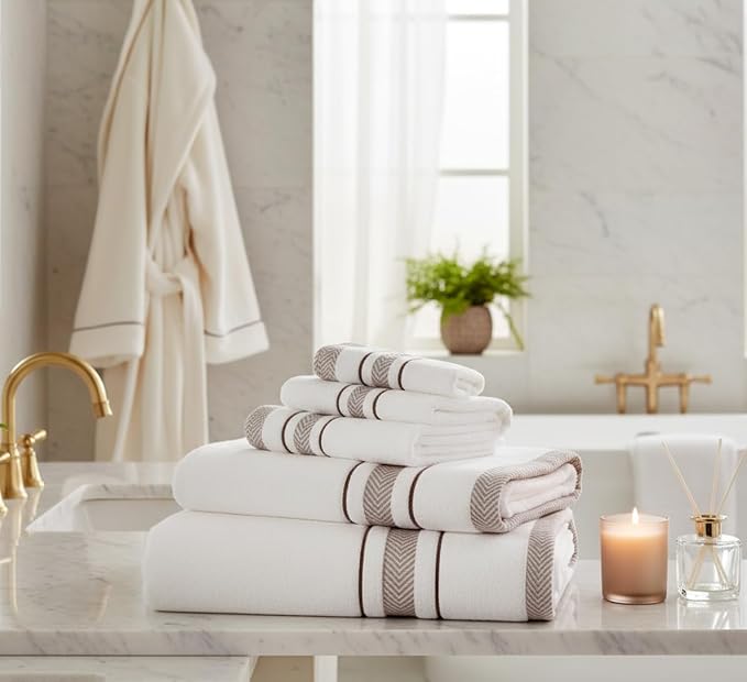 Bath Towels Set for Bathroom – Luxury 6-Piece Cotton Towels, Soft Absorbent & Quick Dry, 600 GSM Bath Towels for Bathroom, Hotel Spa Quality (White/Brown, 6- Bath Towel Set)