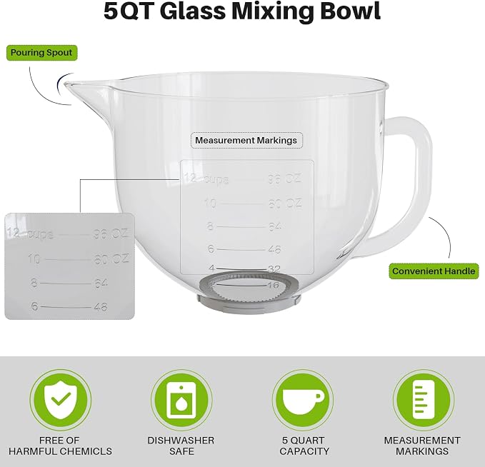 Glass Mixing Bowl 5QT Compatible with KitchenAid 4.5 & 5-Quart | Tilt-Head Stand Mixers, Includes Spout Cover, Measurement Markings & Lid, Dishwasher Safe, Microwave & Freezer Safe