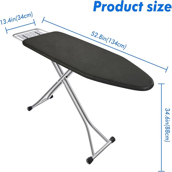 BKTD Ironing Board, Heat Resistant Cover Iron Board with Steam Rest, Non-Slip Foldable Ironing Stand. Heavy Sturdy Metal Frame Legs Iron Stand(13 * 34 * 53 Inches) (Silver Black)